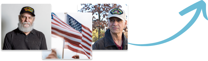 Collage of images featuring veteran, american flag and another veteran