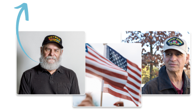 Collage of images featuring veteran, american flag and another veteran
